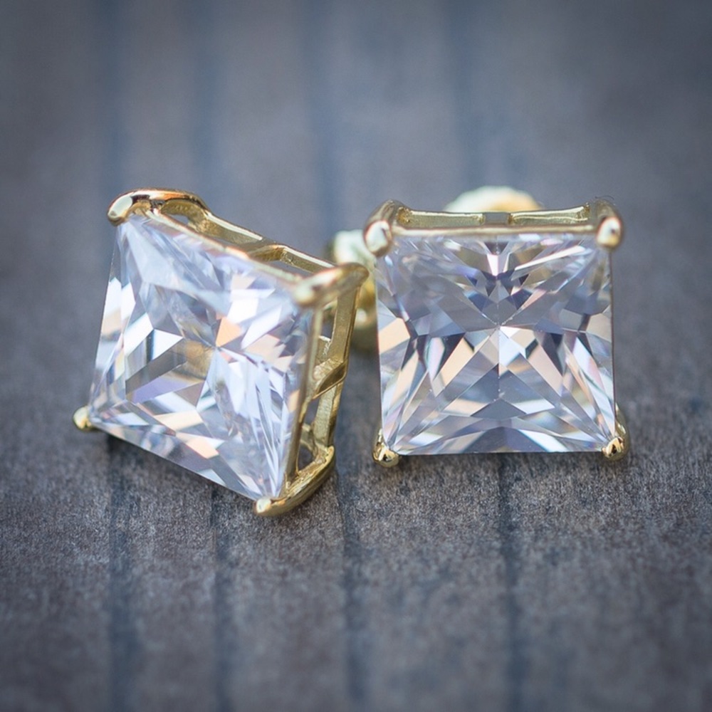 Large Gold Princess Cut Diamond Stud Earrings